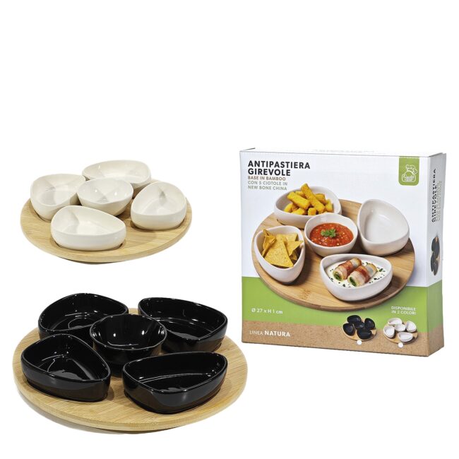 Δίσκος Σερβιρίσματος Ορεκτικών Με 5 Μπολ Και Περιστρεφόμενη Βάση Μπαμπού/Πορσελάνη Φ27x1cm